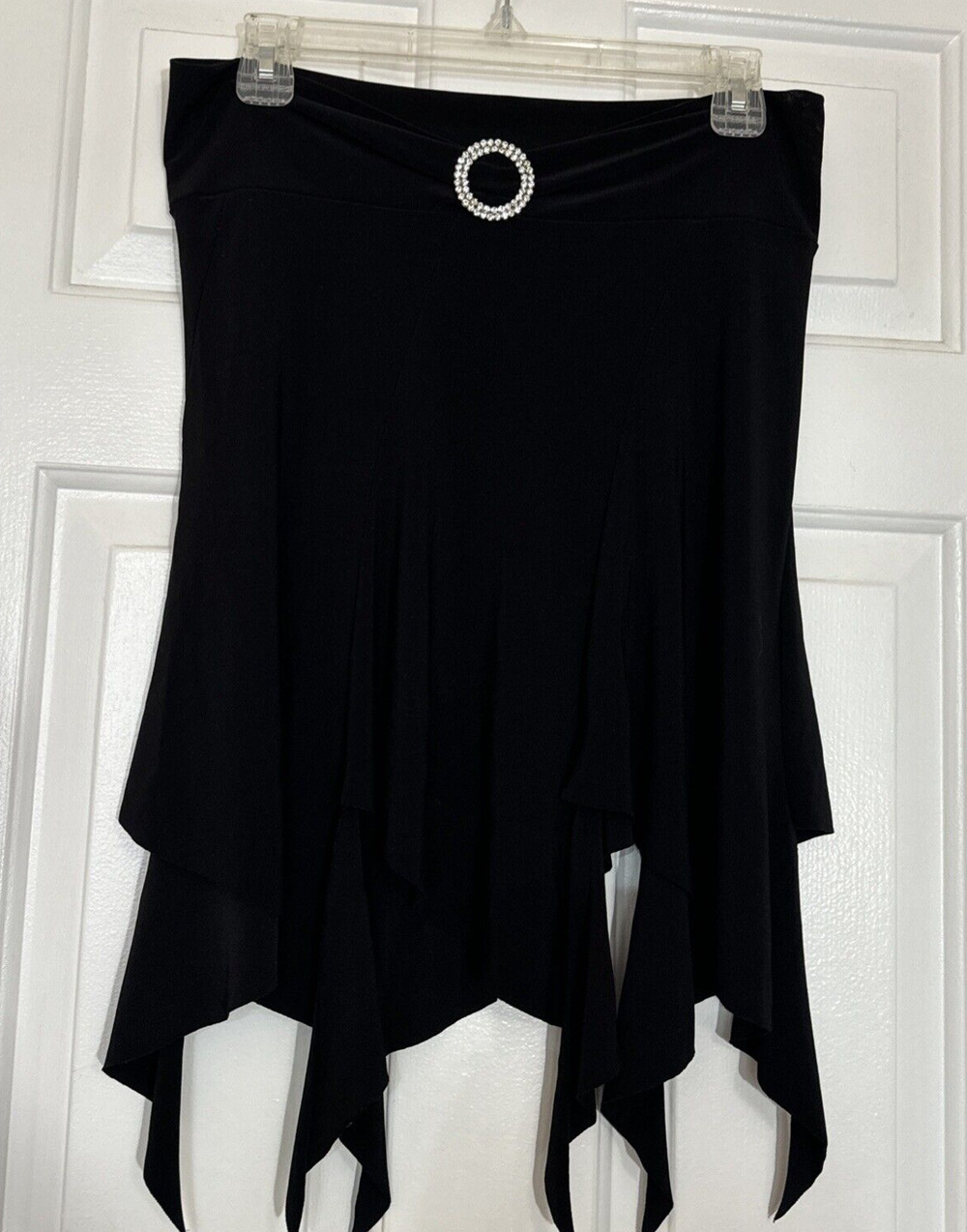 VTG UNYX Black Skirt Rhinestone Clip Stretchy Witchy jagged hem Whimsigoth 28"